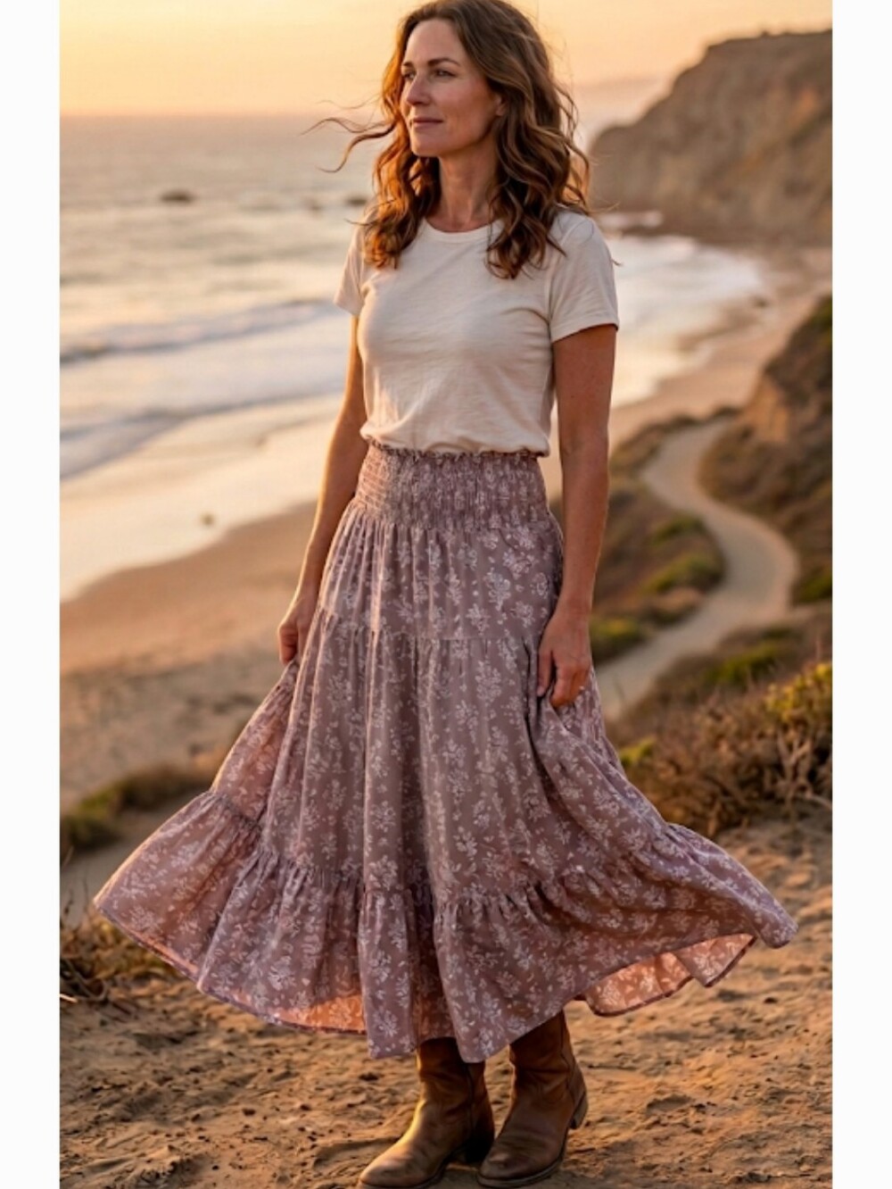 True Craft Mauve Floral Tiered Smocked Midi Skirt